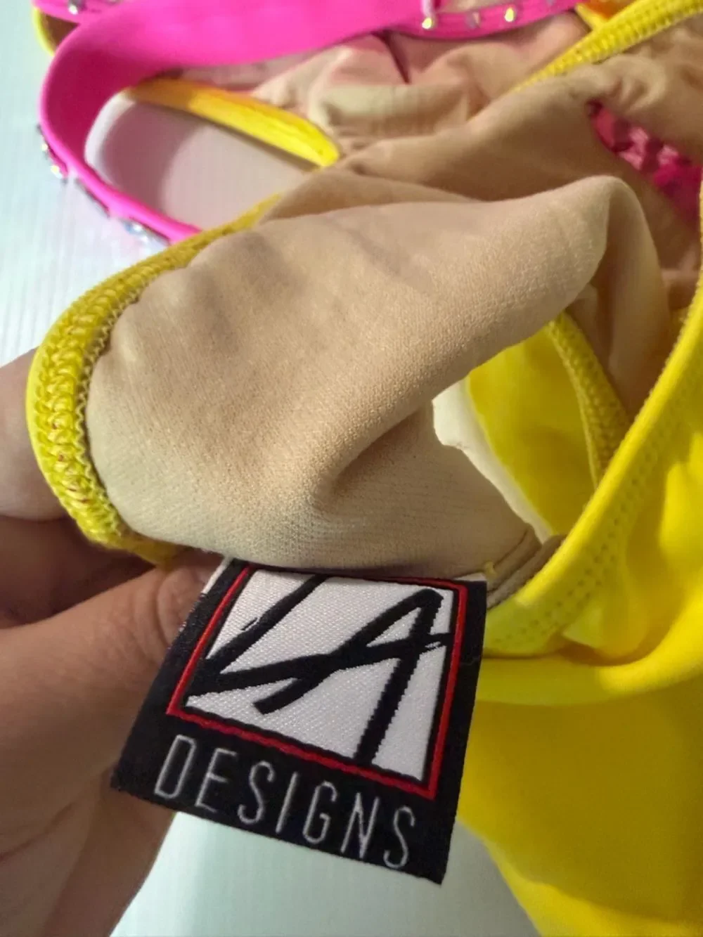 Custom Neon Yellow Pink Rhinestone Dance Costume Jazz Acro Convention Solo MC
